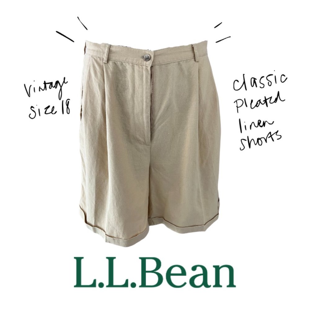 Vintage LL Bean Pleated Linen Khaki Shorts with 9" Inseam, Size 16 Like New